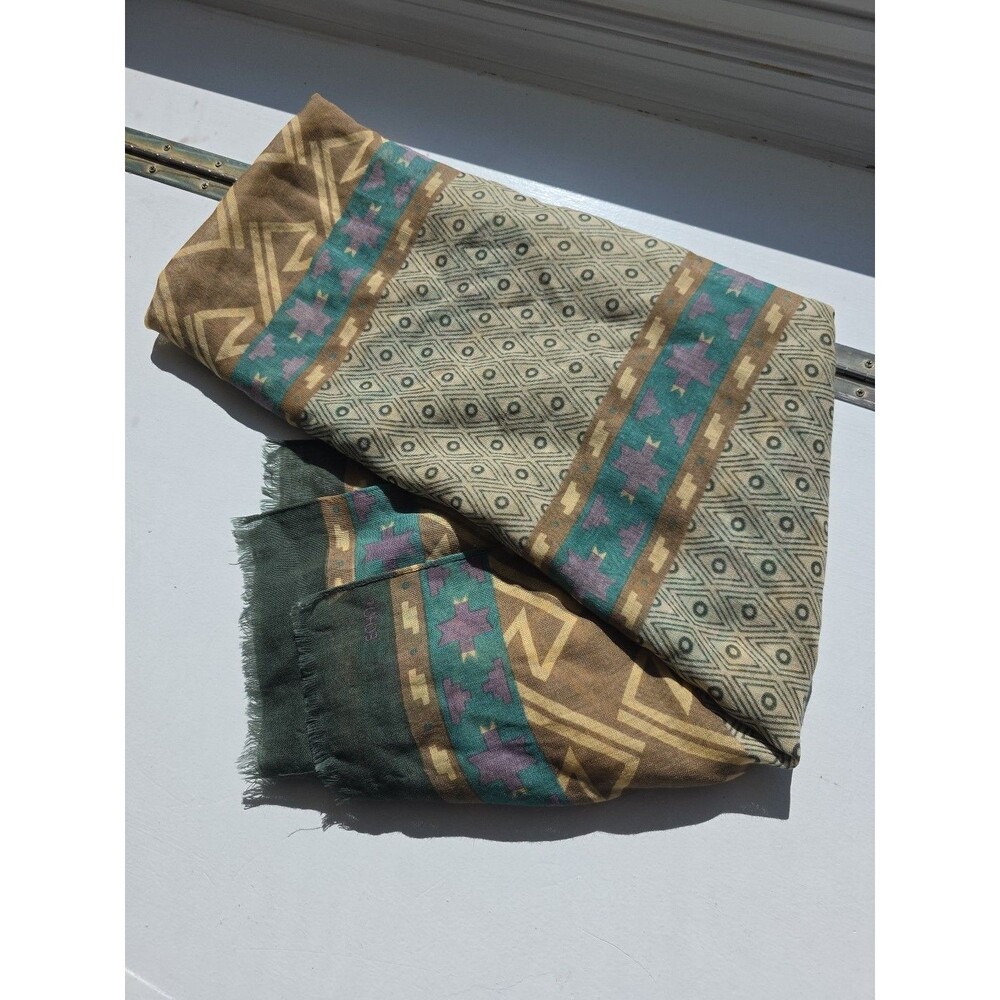 Vintage Echo Wool Scarf Made in Japan Southwest Teal Brown Yellow Light Fringe